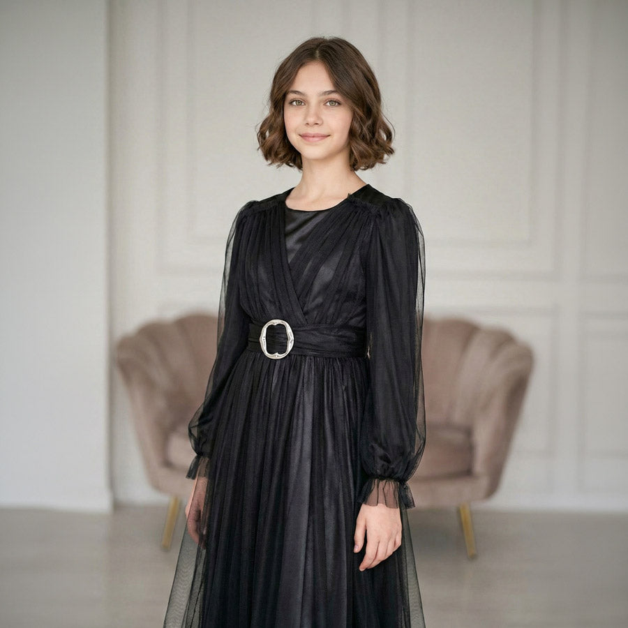 Kız Çocuk Siyah Uzun Kollu Saten Tesettür Abiye Elbise 39130