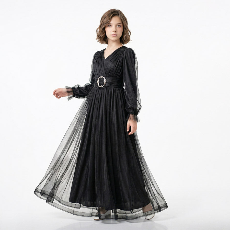 Kız Çocuk Siyah Uzun Kollu Saten Tesettür Abiye Elbise 39130