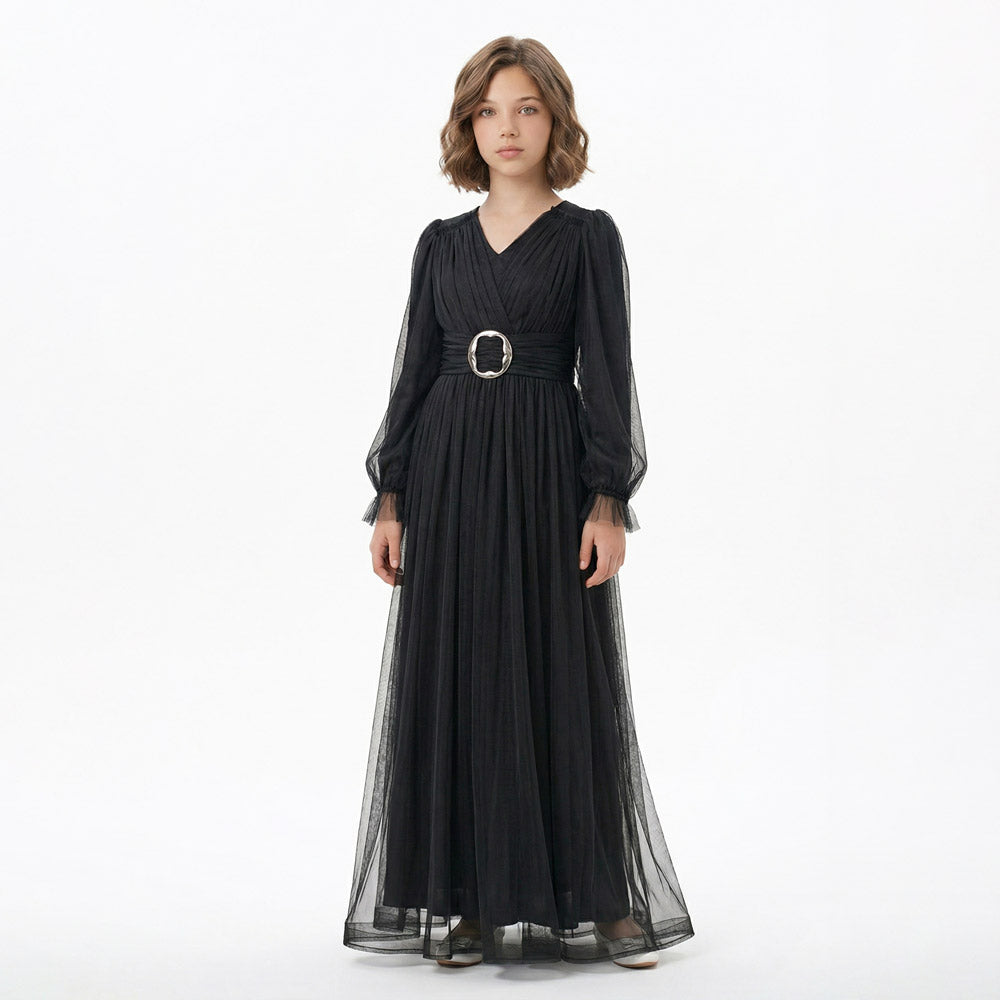 Kız Çocuk Siyah Uzun Kollu Saten Tesettür Abiye Elbise 39130