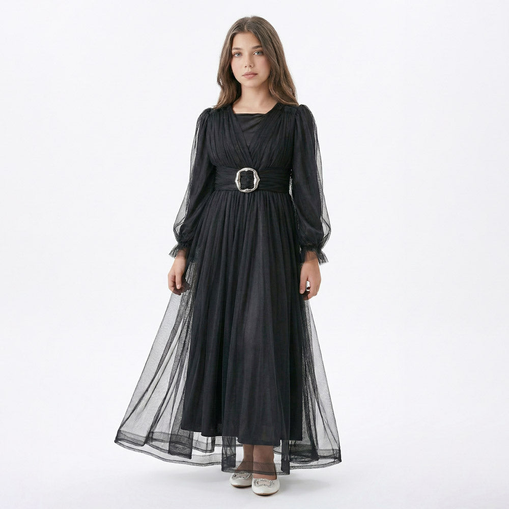 Kız Çocuk Siyah Uzun Kollu Saten Tesettür Abiye Elbise 39130