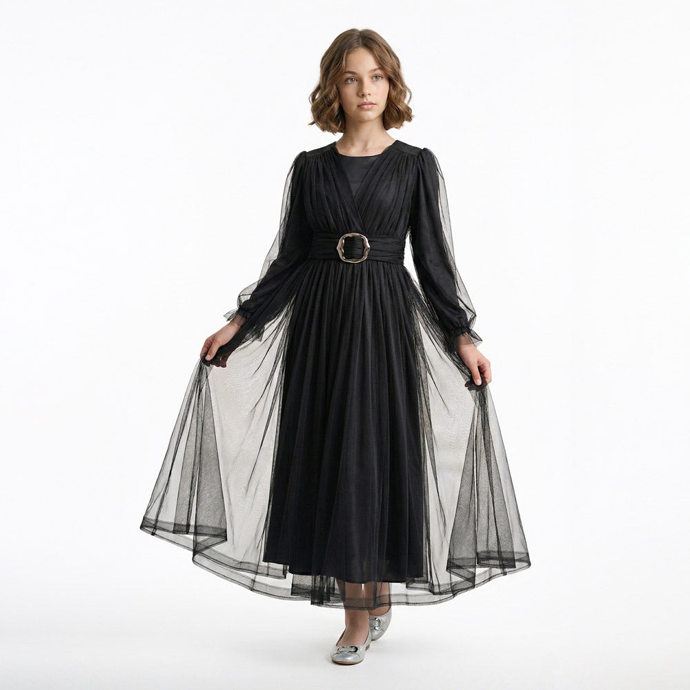 Kız Çocuk Siyah Uzun Kollu Saten Tesettür Abiye Elbise 39130