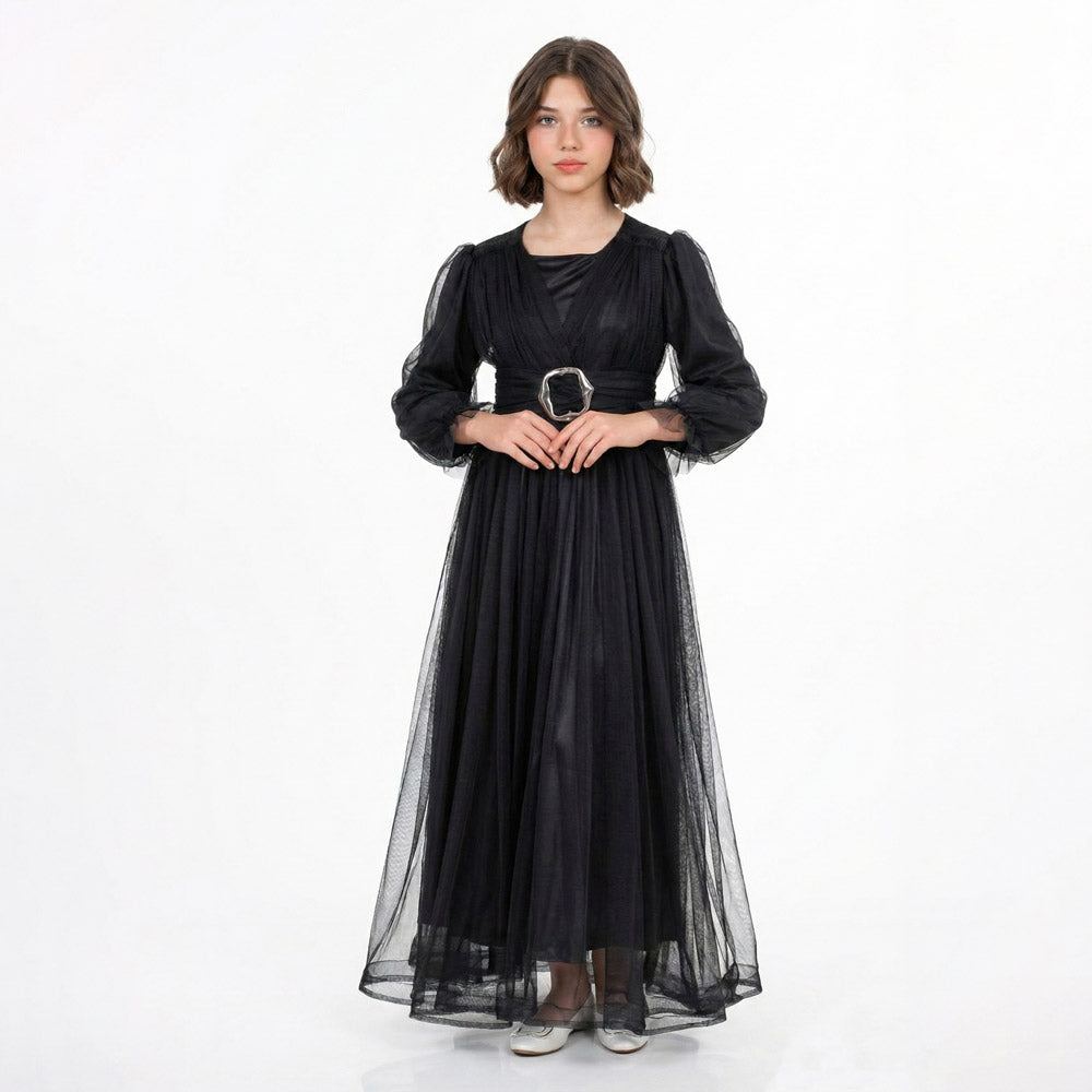 Kız Çocuk Siyah Uzun Kollu Saten Tesettür Abiye Elbise 39130