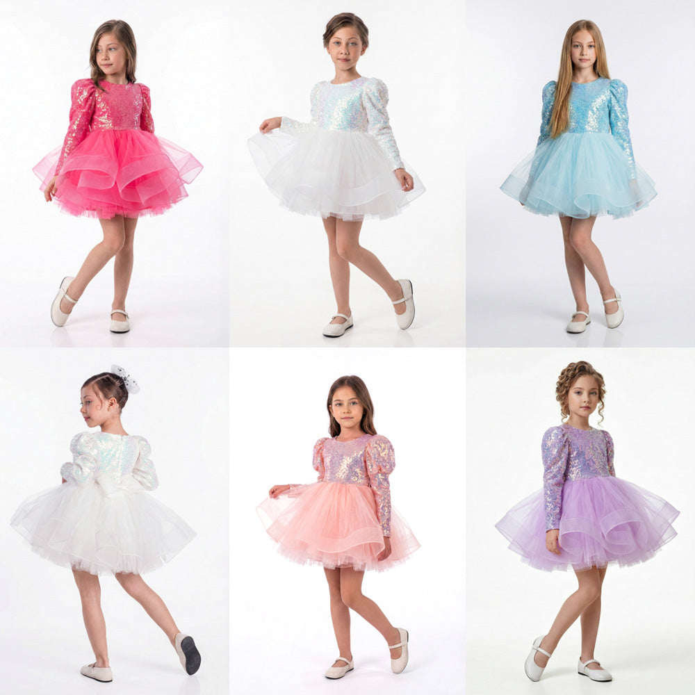 Kız Çocuk Gren Detaylı Kabarık Tüllü ve Pul Payetli Uzun Kollu Abiye Elbise 35271