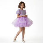 Kız Çocuk Gren Detaylı Kabarık Tüllü ve Pul Payetli Uzun Kollu Abiye Elbise